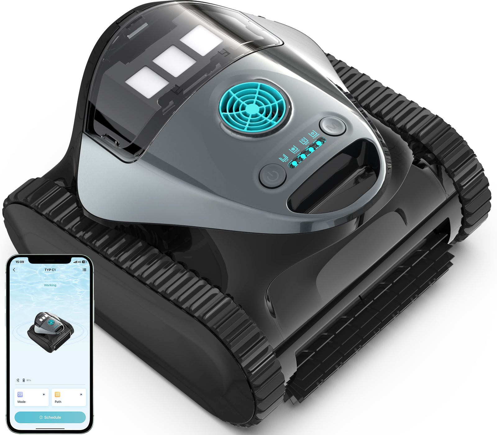 C1 Cordless Robotic Pool Cleaner with Wall Climbing & Waterline Cleaning, Long Runtime, Dual Layers, Automatic Pool Vacuum with APP, Multi Cleaning Modes and Paths, Transparent Slate Navy