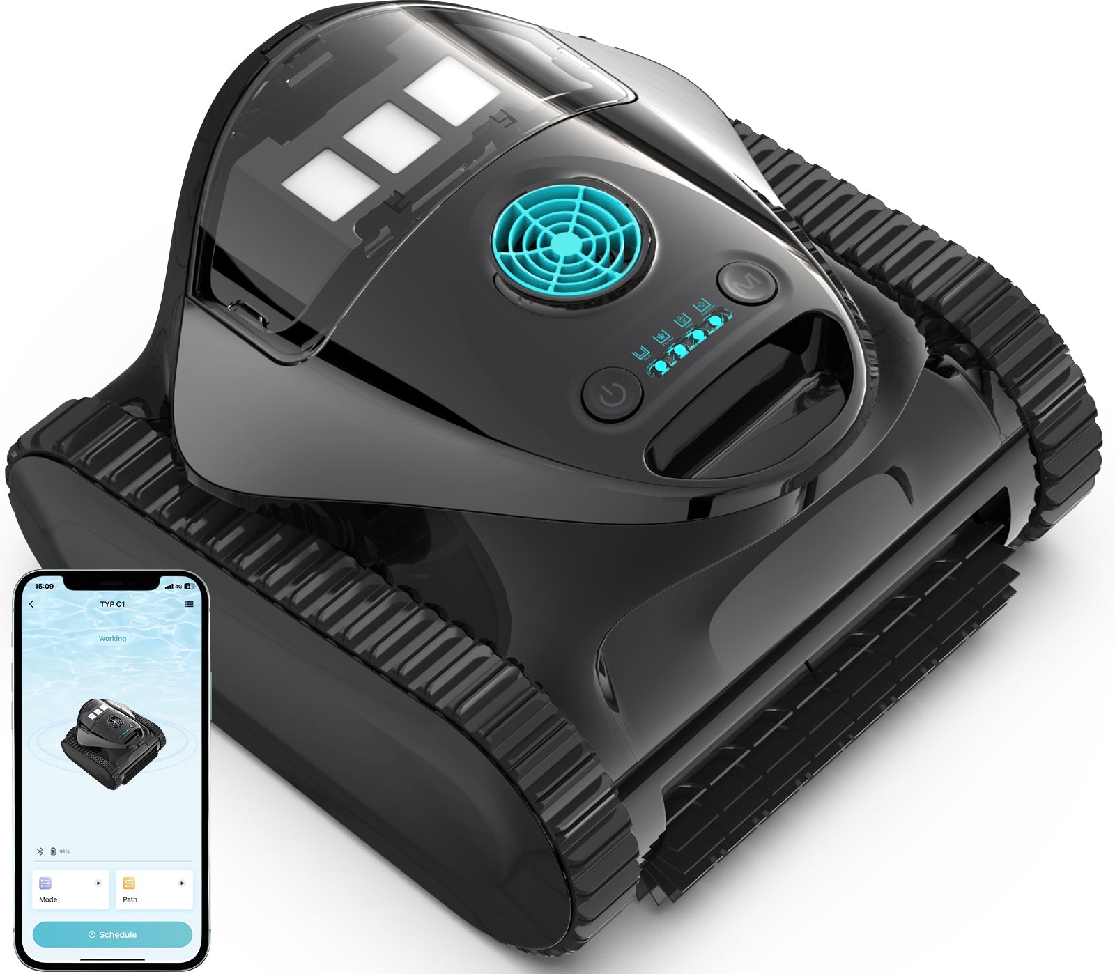 C1 Cordless Robotic Pool Cleaner with Wall Climbing & Waterline Cleaning, Long Runtime, Dual Layers, Automatic Pool Vacuum with APP, Multi Cleaning Modes and Paths, Transparent Navy Black