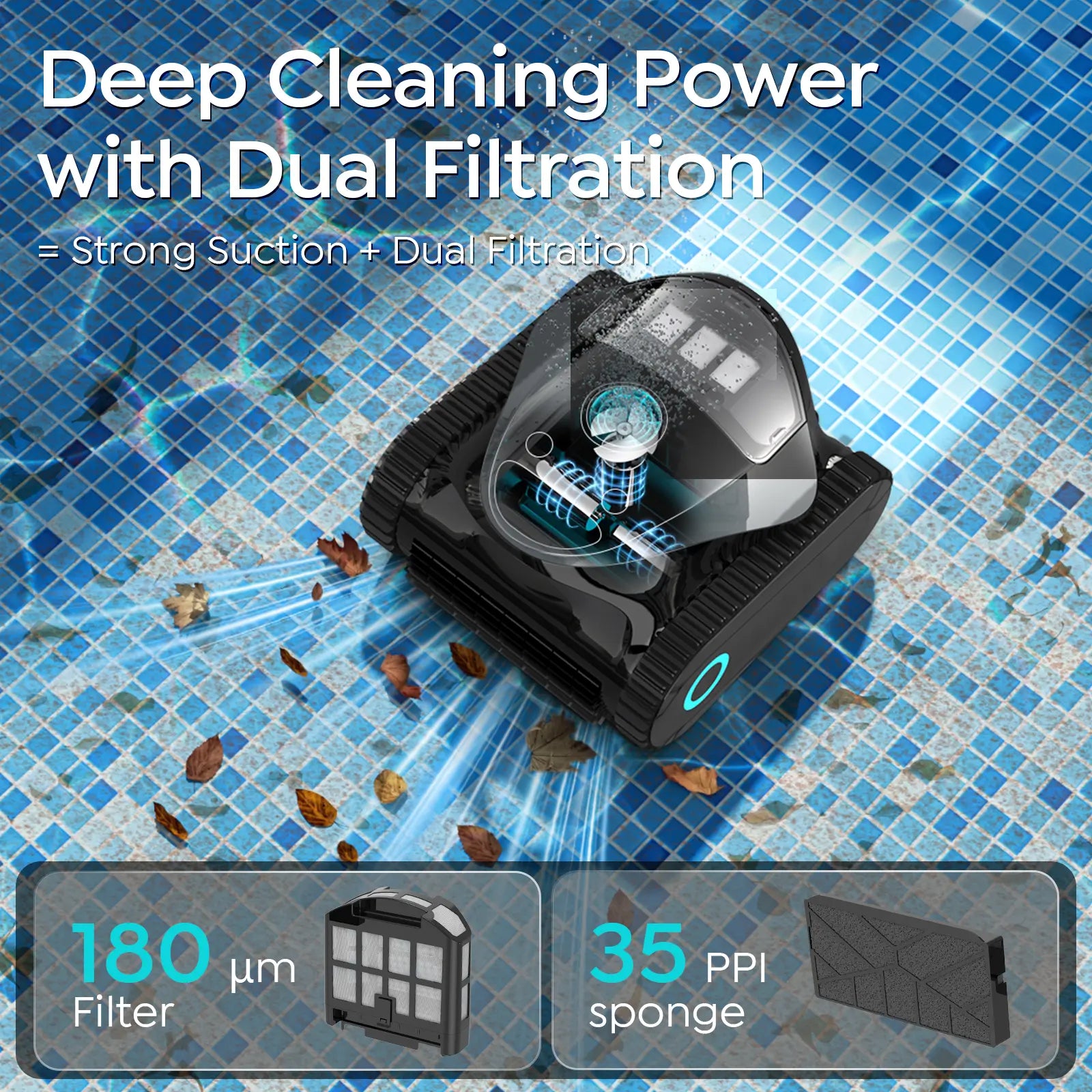 C1 Cordless Robotic Pool Cleaner with Wall Climbing & Waterline Cleaning, Long Runtime, Dual Layers, Automatic Pool Vacuum with APP, Multi Cleaning Modes and Paths, Transparent Slate Navy