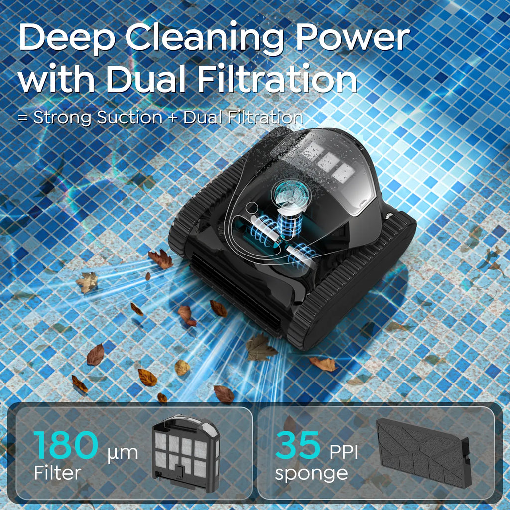 C1 Cordless Robotic Pool Cleaner with Wall Climbing & Waterline Cleaning, Long Runtime, Dual Layers, Automatic Pool Vacuum with APP, Multi Cleaning Modes and Paths, Transparent Navy Black